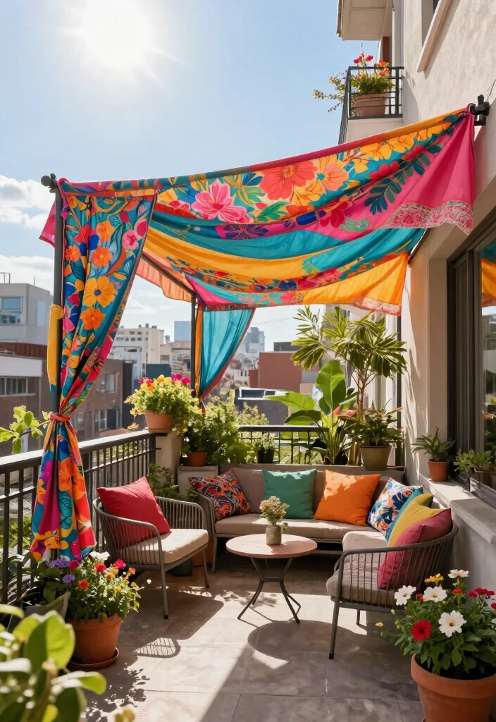 10 Balcony Covering Ideas for Shade and Laid Back Comfort 1. Stylish Fabric Canopies 0