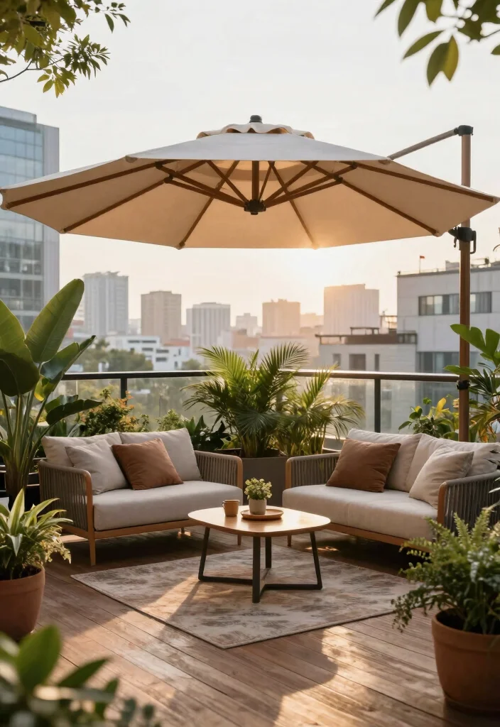 10 Balcony Covering Ideas for Shade and Laid Back Comfort 4. Wooden Decking with Built in Umbrellas 0