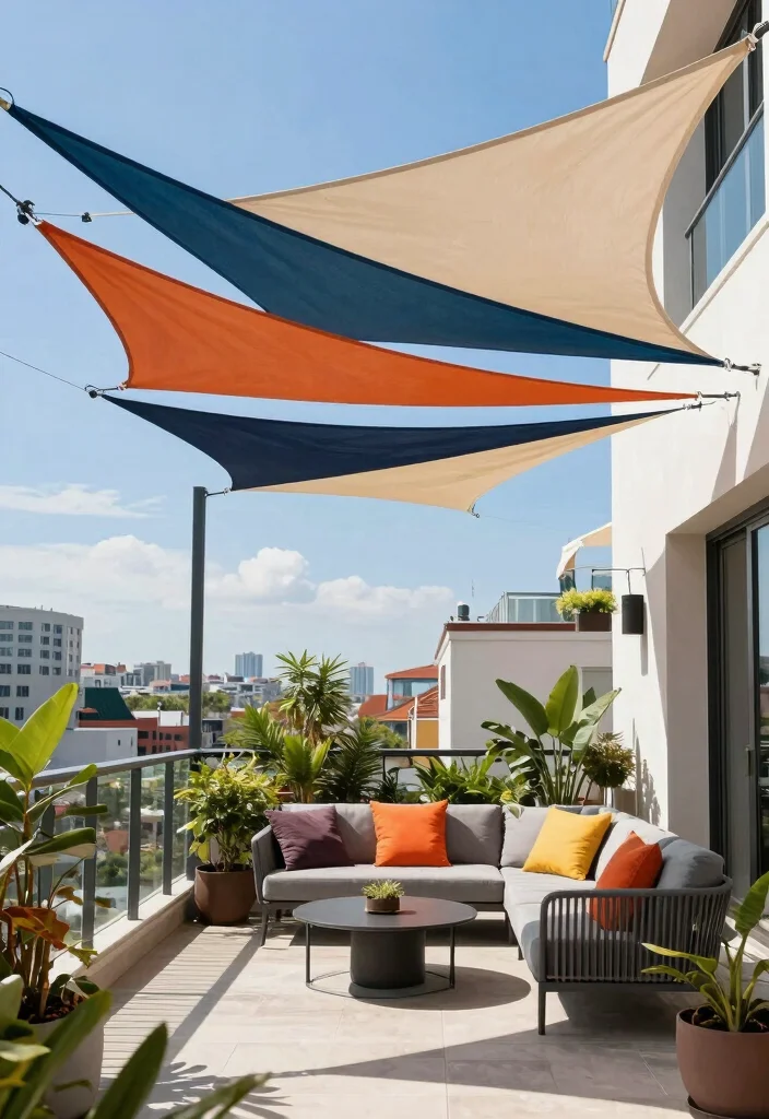 10 Balcony Covering Ideas for Shade and Laid Back Comfort 6. Shade Sails for Modern Appeal 0