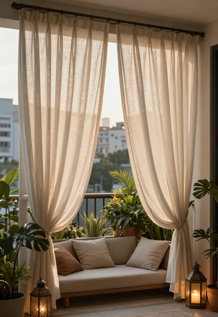 10 Balcony Covering Ideas for Shade and Laid Back Comfort 7. Outdoor Curtains for Soft Elegance 0