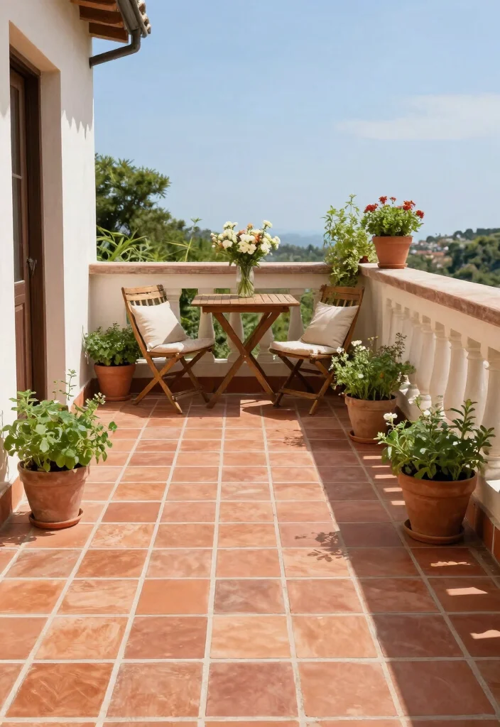 10 Balcony Tile Ideas for Easy Care and Clean Aesthetic 1. Terracotta Tiles for a Rustic Charm 0