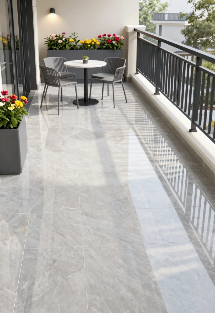 10 Balcony Tile Ideas for Easy Care and Clean Aesthetic 2. Sleek Porcelain Tiles for a Modern Look 0