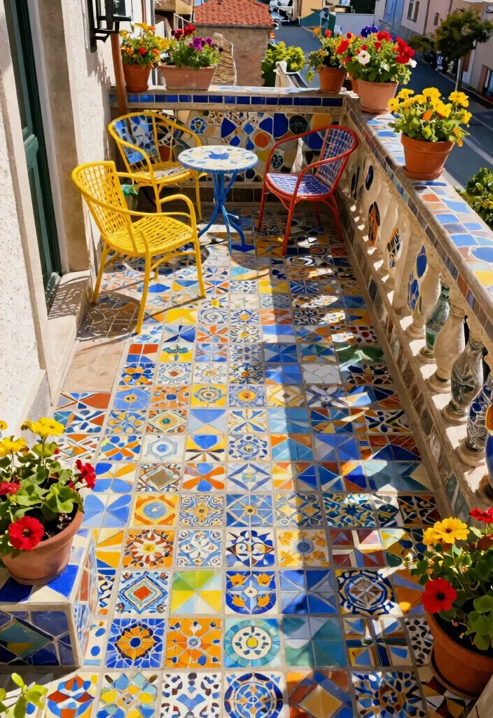 10 Balcony Tile Ideas for Easy Care and Clean Aesthetic 4. Colorful Mosaic Tiles for Artistic Expression 0