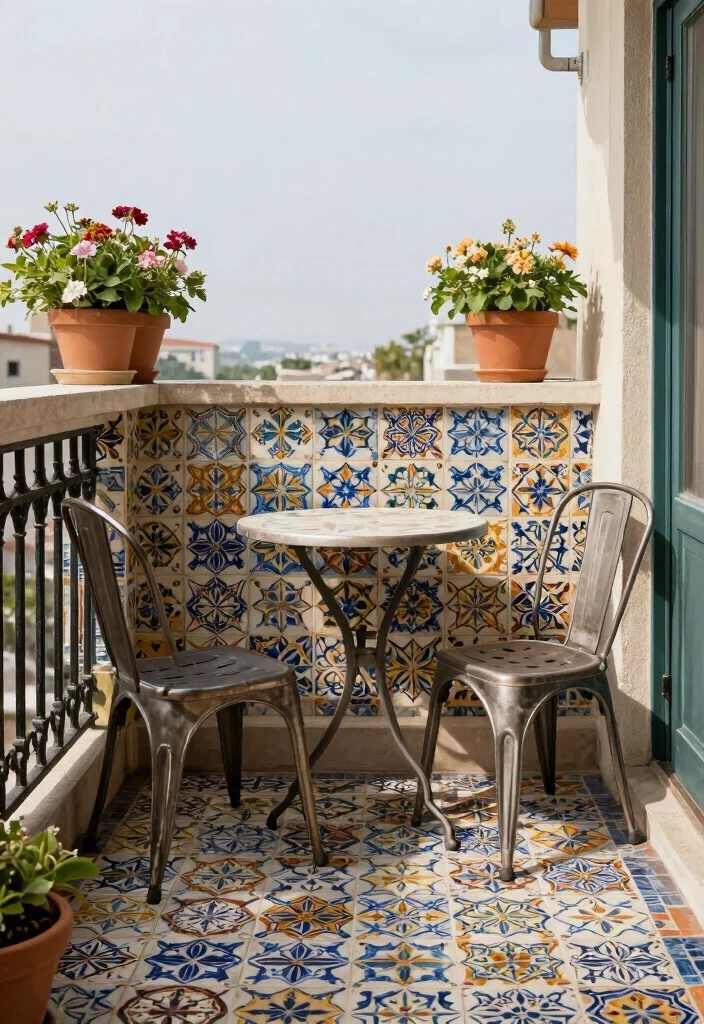 10 Balcony Tile Ideas for Easy Care and Clean Aesthetic 7. Vintage Ceramic Tiles for a Timeless Appeal 0