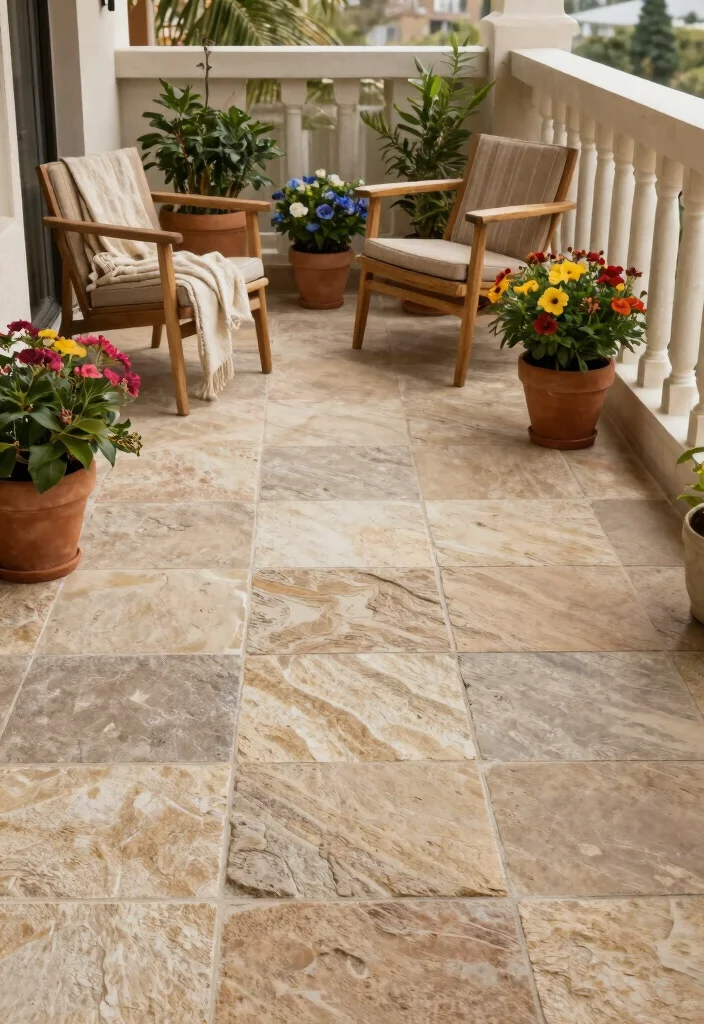10 Balcony Tile Ideas for Easy Care and Clean Aesthetic 8. Textured Stone Tiles for Natural Elegance 0