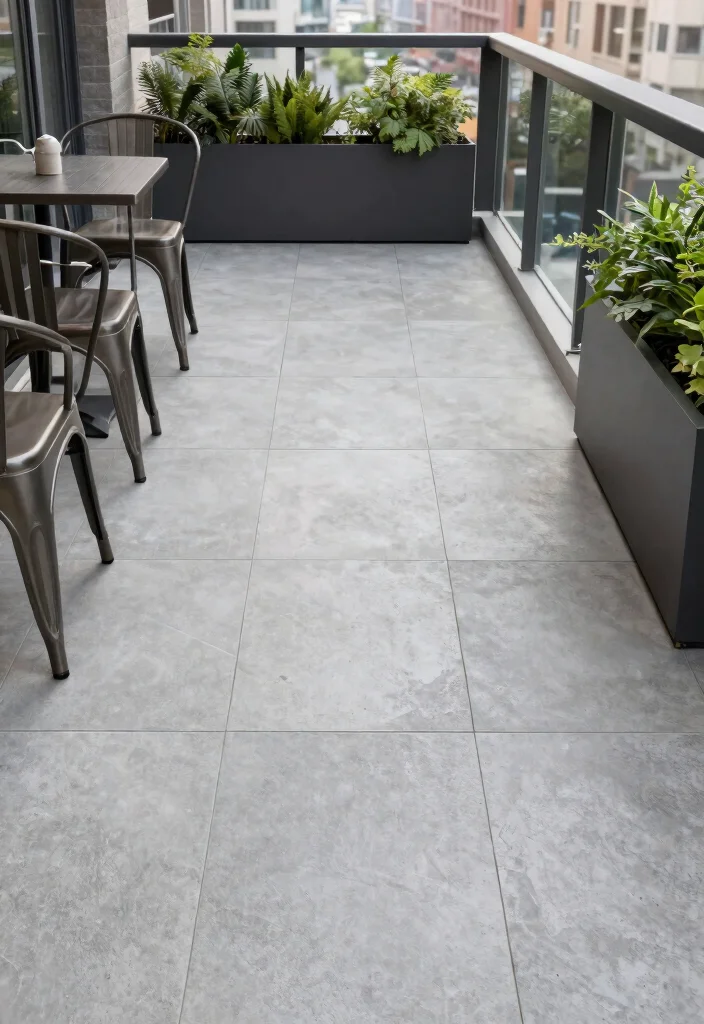 10 Balcony Tile Ideas for Easy Care and Clean Aesthetic 9. Minimalist Concrete Tiles for Urban Style 0