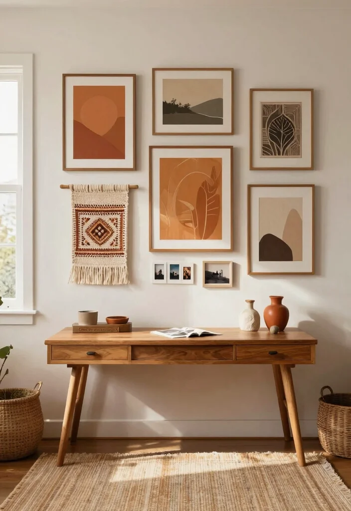 10 Cute Desk Ideas with Warm Colors and Personal Touches 1. Warm Toned Wall Art 0