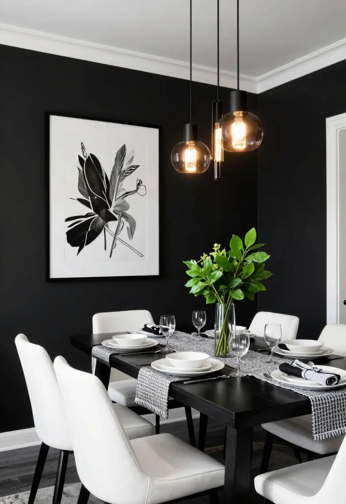 10 Dark Dining Room Ideas with Intimate Evening Mood 3. Combining Black and White for High Contrast 0