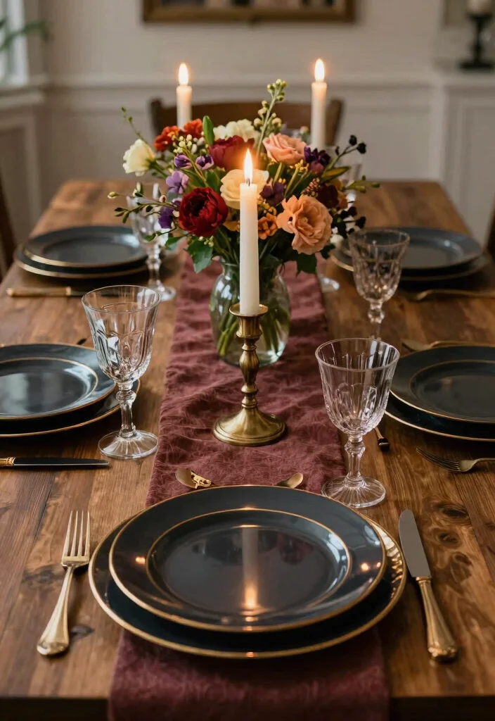 10 Dark Dining Room Ideas with Intimate Evening Mood 6. Statement Tableware to Elevate Dining 0