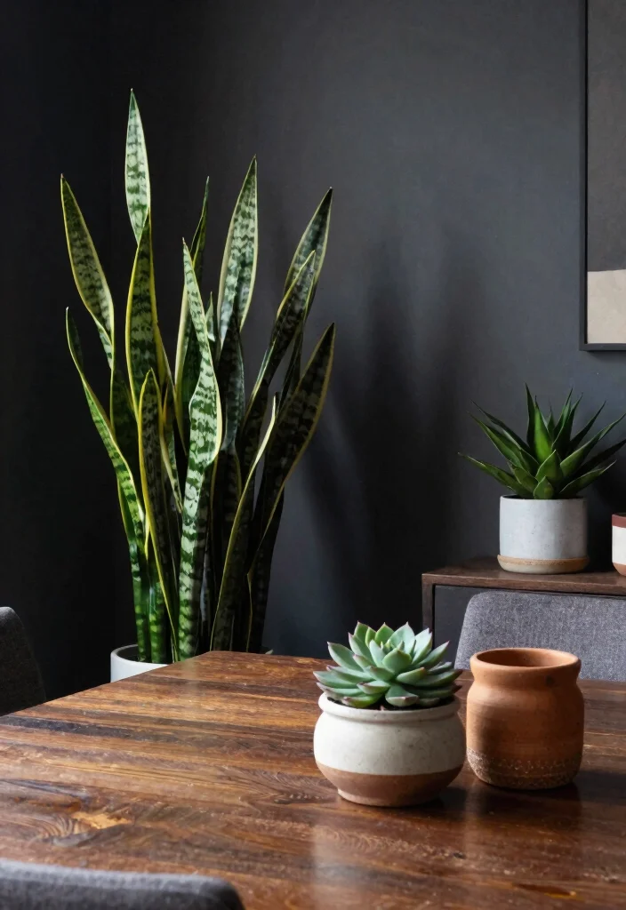 10 Dark Dining Room Ideas with Intimate Evening Mood 9. Indoor Plants for a Touch of Nature 0