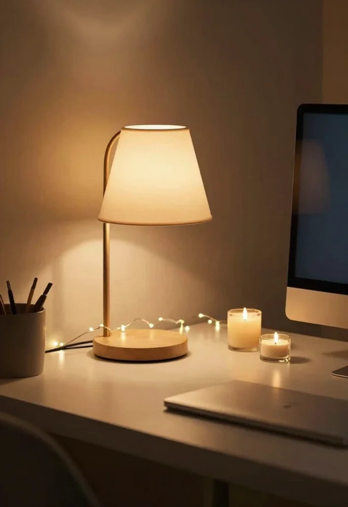 10 Desk Decor Ideas for Cozy Aesthetic Work Corners 5. Light Up with Warm Tones 0