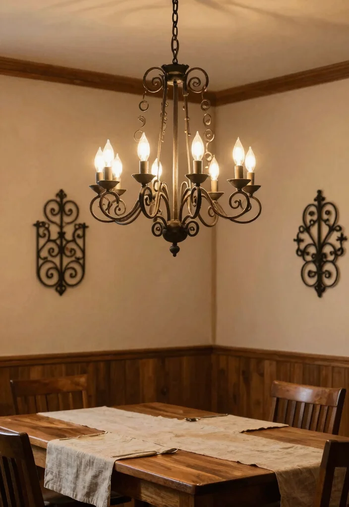 10 Dining Room Chandelier Ideas for Soft Statement Lighting 2. Wrought Iron Elegance 0