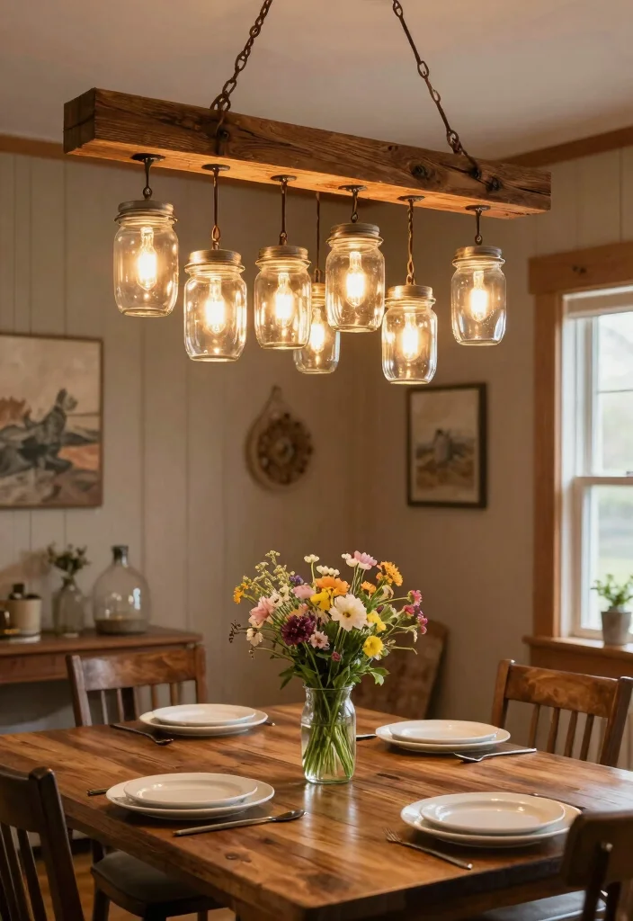 10 Dining Room Chandelier Ideas for Soft Statement Lighting 3. Farmhouse Mason Jar Chandelier 0