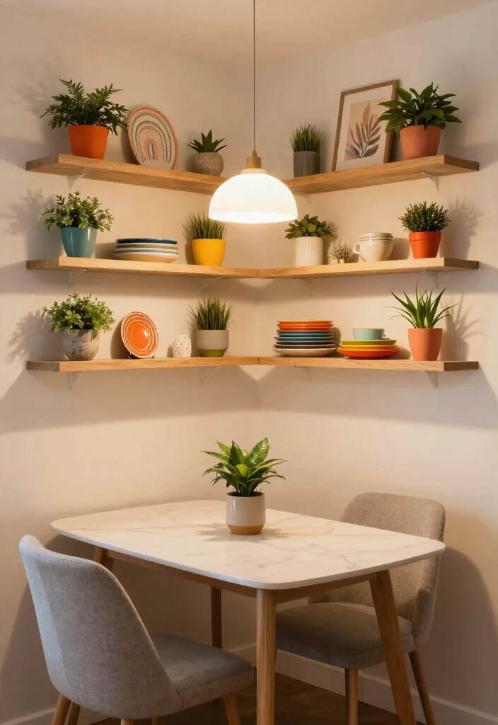 10 Dining Room Corner Ideas to Create Cozy Nooks 4. Floating Shelves Above the Table 0