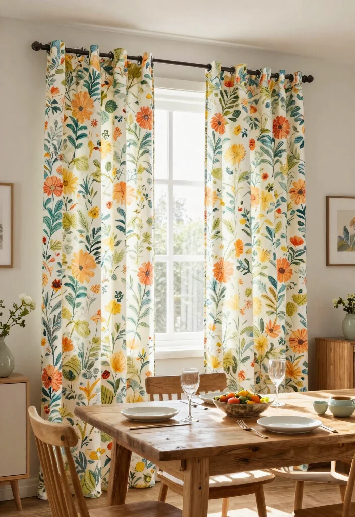 10 Dining Room Curtain Ideas for Gentle Light and Privacy 10. Eco Conscious Floral Prints for a Fresh Feel 0