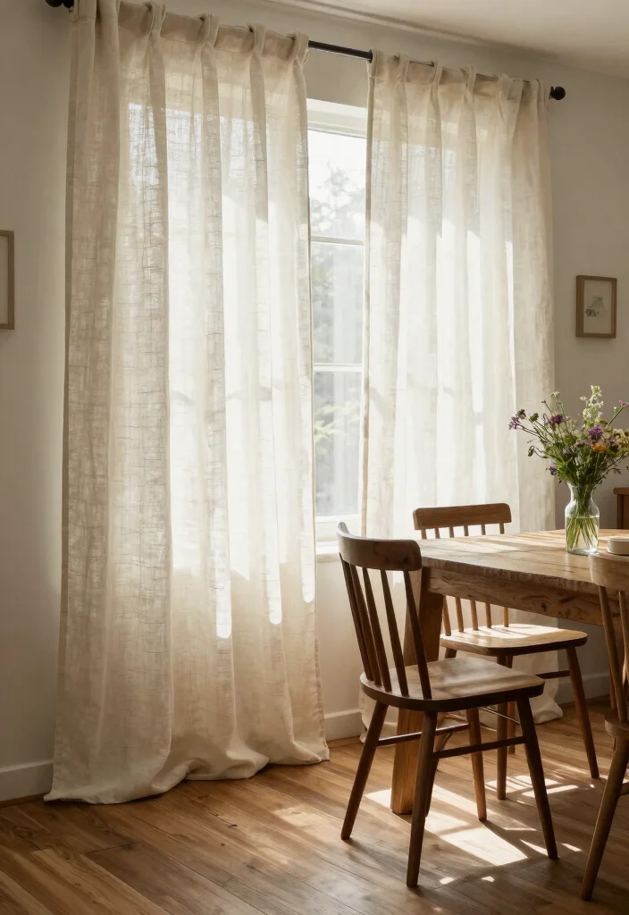 10 Dining Room Curtain Ideas for Gentle Light and Privacy 2. Linen Blends for an Effortless Look 0