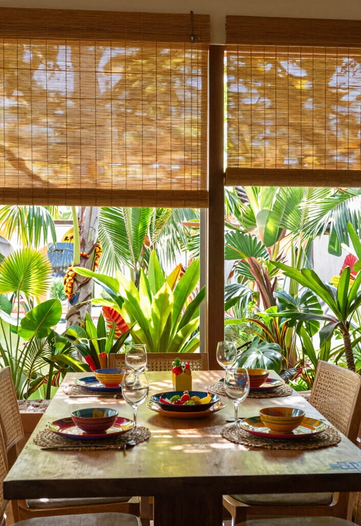 10 Dining Room Curtain Ideas for Gentle Light and Privacy 3. Bamboo Shades for a Tropical Vibe 0