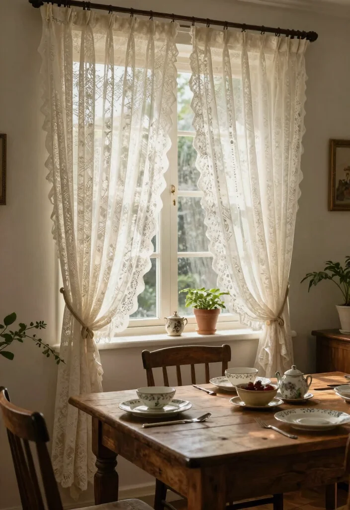 10 Dining Room Curtain Ideas for Gentle Light and Privacy 5. Vintage Lace for Timeless Charm 0