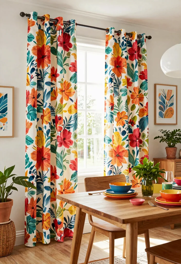 10 Dining Room Curtain Ideas for Gentle Light and Privacy 6. Patterned Cotton for a Pop of Character 0