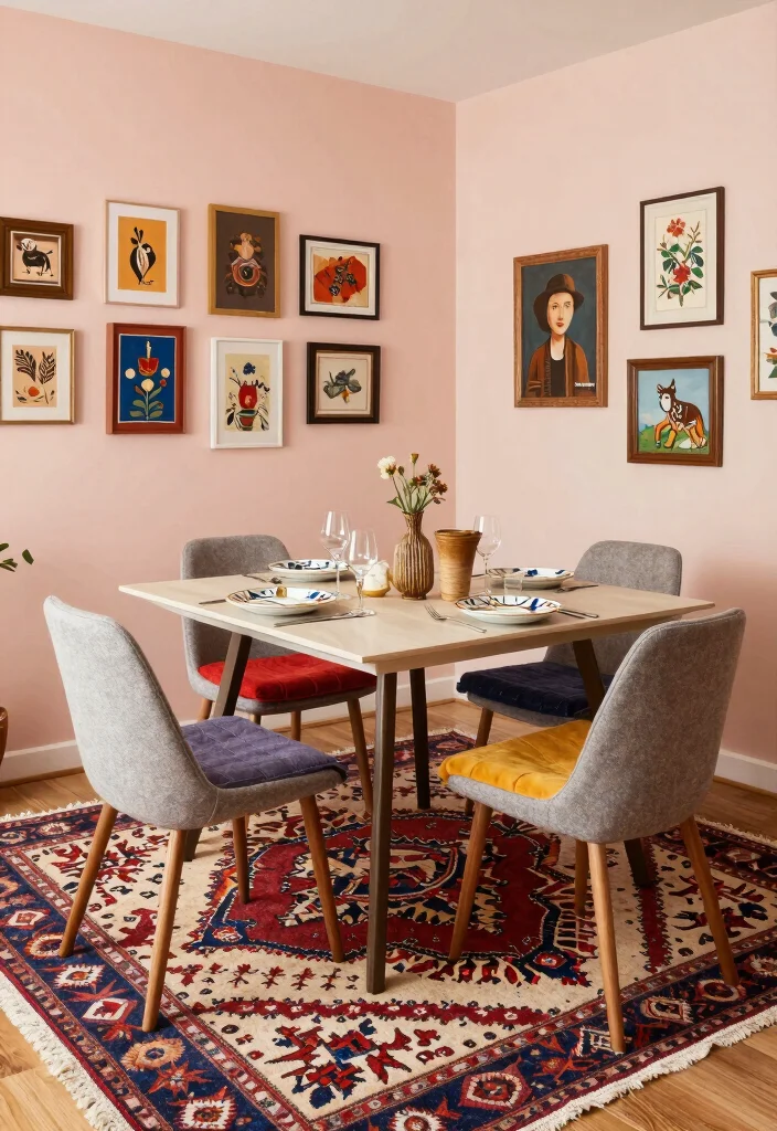 10 Dining Room Rug Ideas That Anchor the Space Naturally 5. Vintage Kilim Rugs for a Bohemian Touch 0