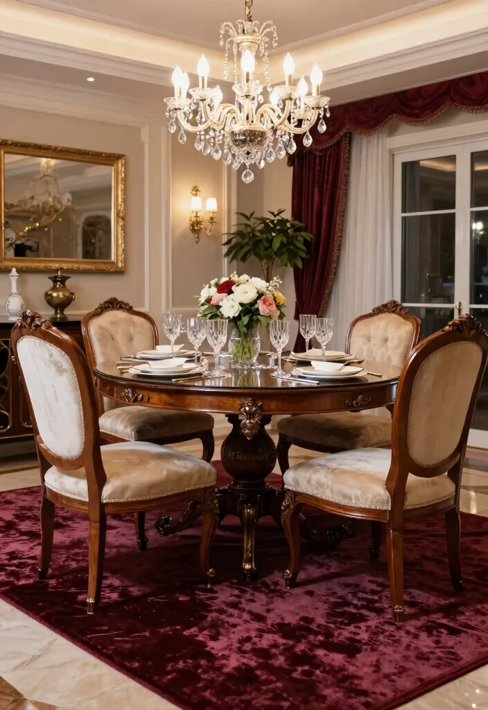 10 Dining Room Rug Ideas That Anchor the Space Naturally 8. Luxurious Velvet Rugs for a Touch of Glamour 0