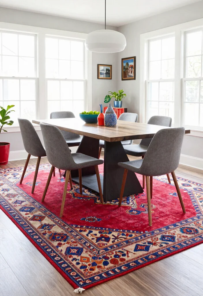 10 Dining Room Rug Ideas That Anchor the Space Naturally 9. Bold Patterned Rugs for a Vibrant Statement 0