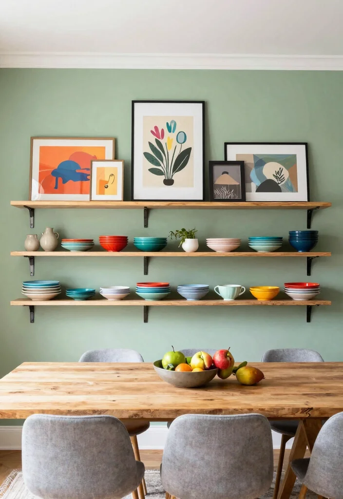 10 Dining Room Wall Ideas for Art and Styled Storage 1. Open Shelving with Art Displays 0
