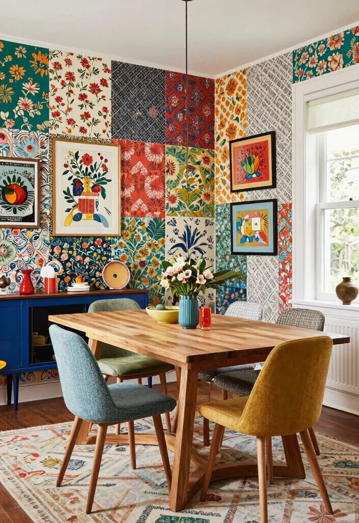 10 Dining Room Wallpaper Ideas That Add Depth and Mood 5. Eclectic Collage 0