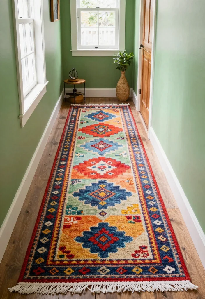 10 Green Hallway Ideas with Soft Natural Color 10. Colorful Mats and Runners 0