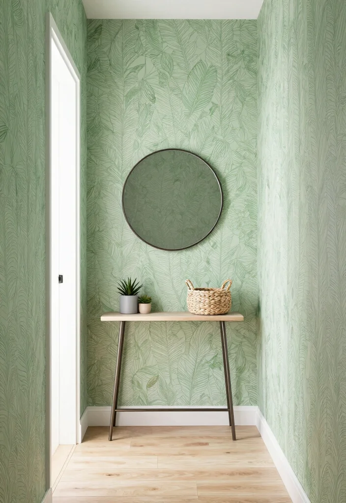 10 Green Hallway Ideas with Soft Natural Color 2. Soft Green Wallpaper for Depth 0