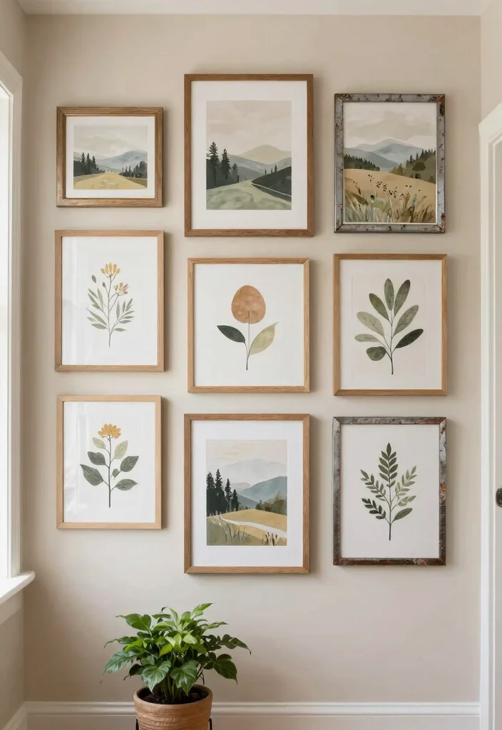 10 Green Hallway Ideas with Soft Natural Color 5. Artwork with Earthy Tones 0