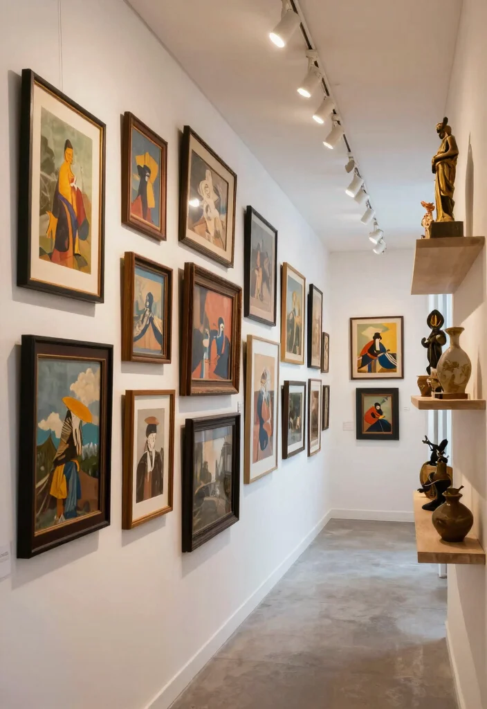 10 Long Entry Hallway Ideas with Balanced Styling 5. Artistic Displays 0