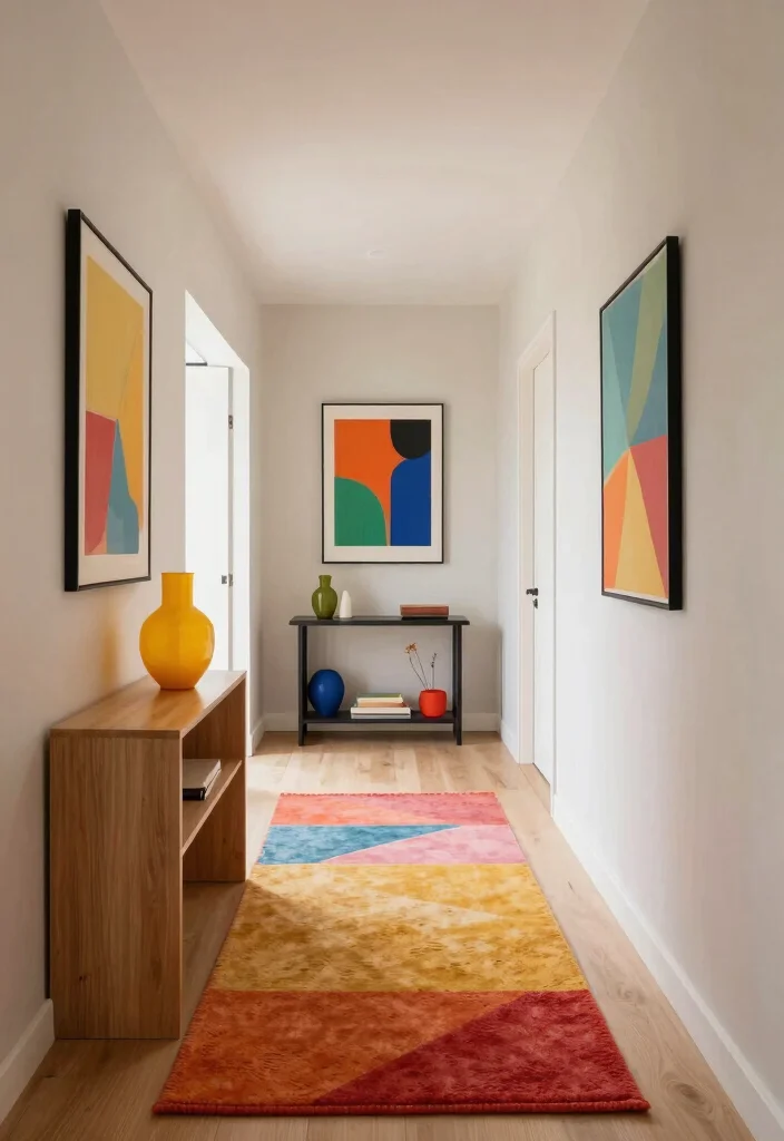 10 Long Entry Hallway Ideas with Balanced Styling 8. Colorful Accents 0