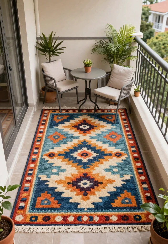 10 Mini Balcony Ideas That Still Feel Warm and Intentional 5. Chic Outdoor Rugs 0