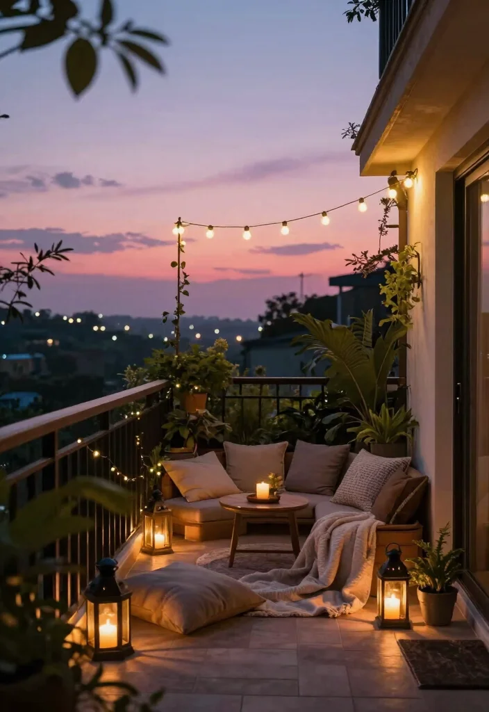 10 Small Apartment Balcony Ideas That Feel Calm and Inviting 3. Soft Lighting 0