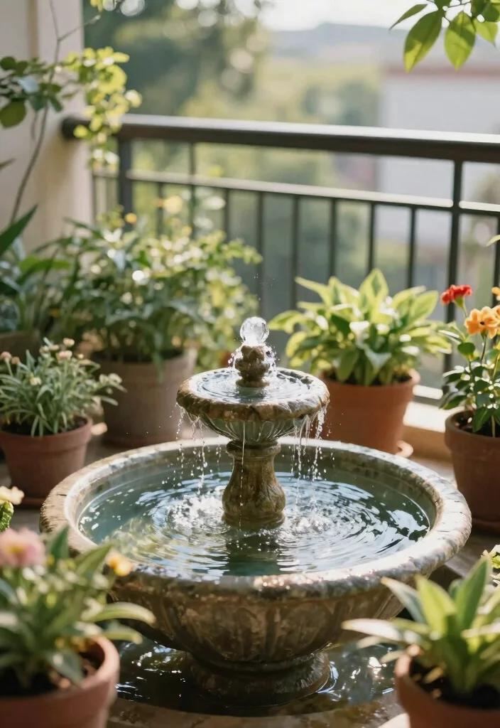 10 Small Apartment Balcony Ideas That Feel Calm and Inviting 6. Small Water Feature 0