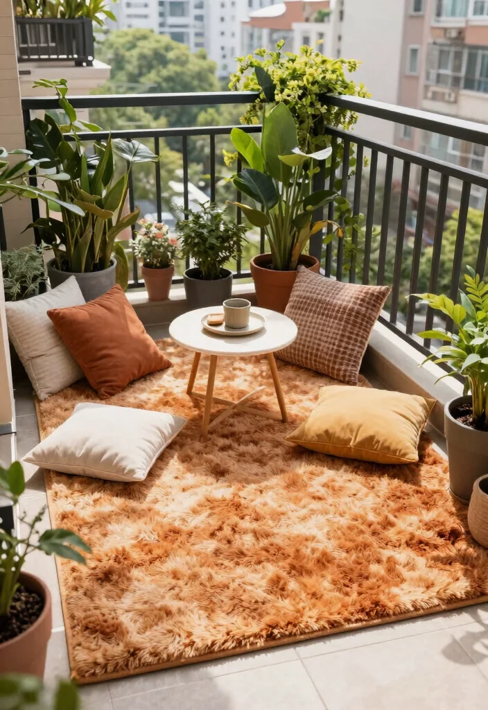 10 Small Apartment Balcony Ideas That Feel Calm and Inviting 7. Outdoor Rugs 0
