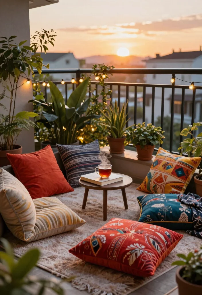 10 Tiny Balcony Ideas with Big Cozy Energy 2. Cozy Nook with Floor Cushions 0