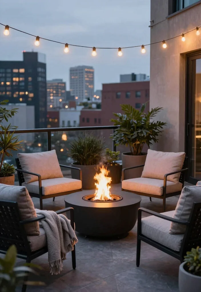 10 Tiny Balcony Ideas with Big Cozy Energy 6. Fire Pit Flicker 0
