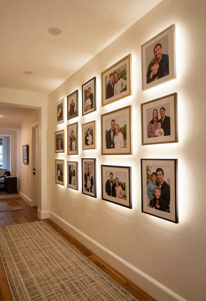 10 Upstairs Hallway Ideas with Soft Lighting and Flow 5. Gallery Wall with Backlighting 0