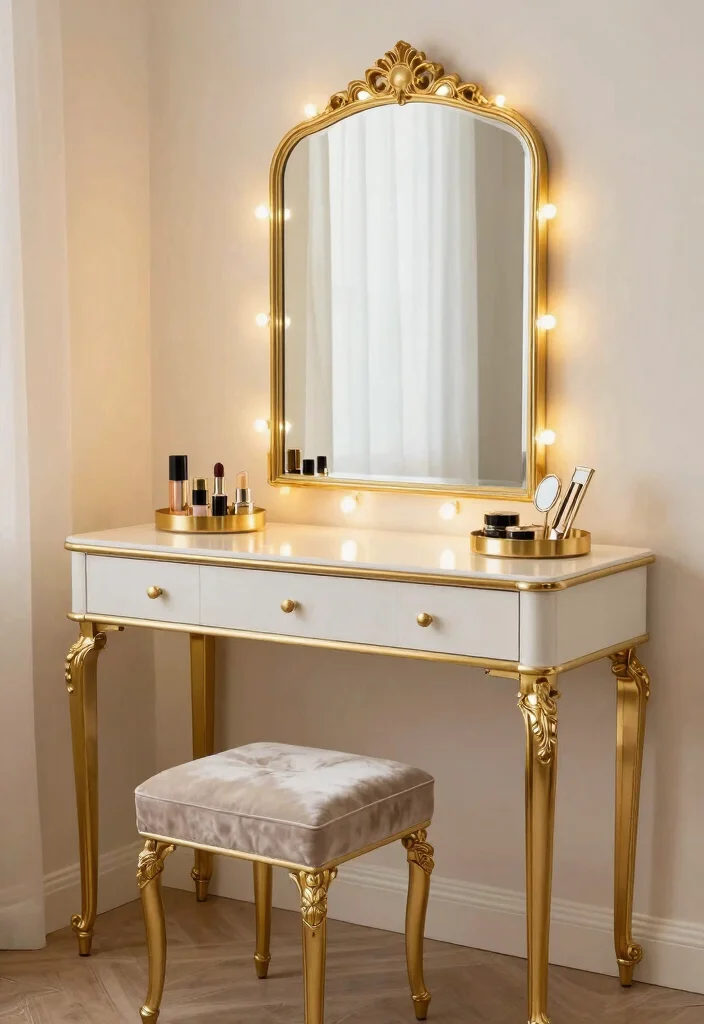 10 Vanity Desk Ideas Blending Beauty Storage and Style 2. Glamorous Gold Touches 0