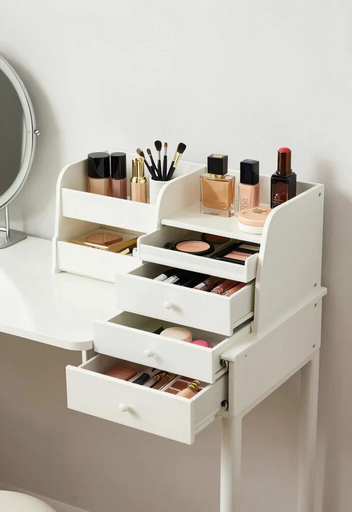 10 Vanity Desk Ideas Blending Beauty Storage and Style 7. Multi Functional Magic 0