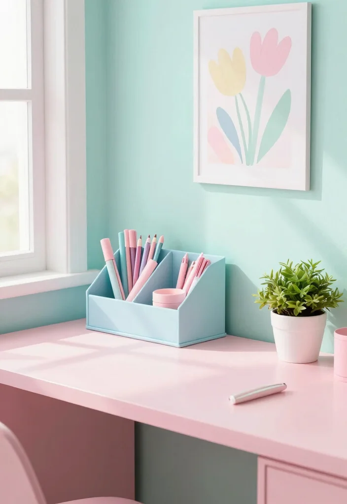 12 Aesthetic Desk Ideas with Calm Visual Balance 4. Soft Pastels 0