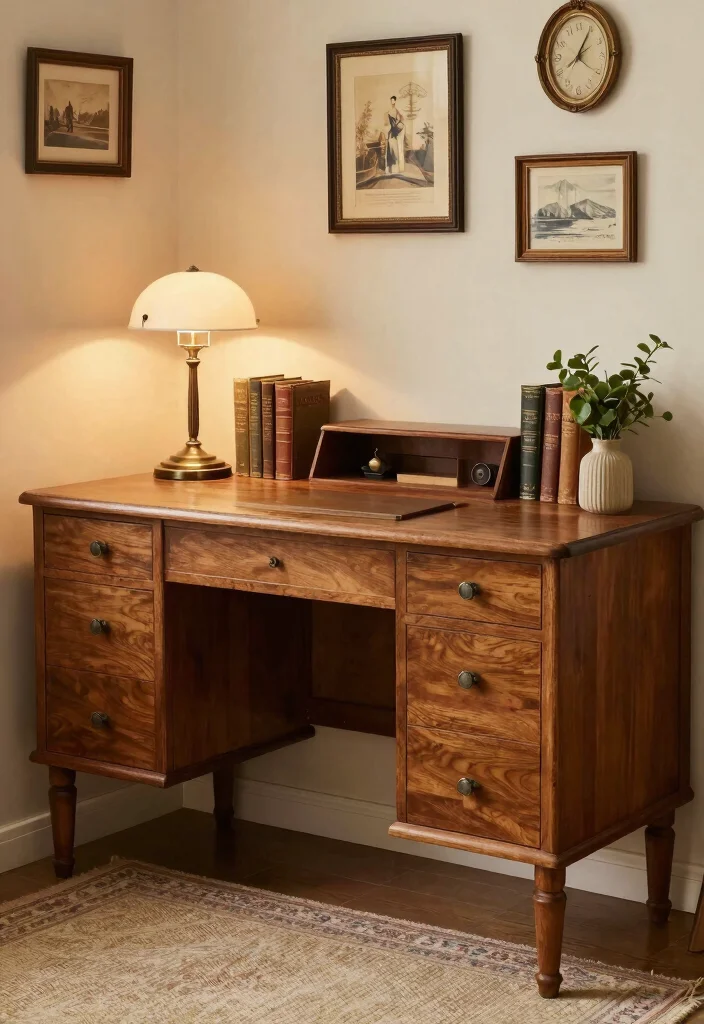 12 Aesthetic Desk Ideas with Calm Visual Balance 7. Vintage Vibes 0