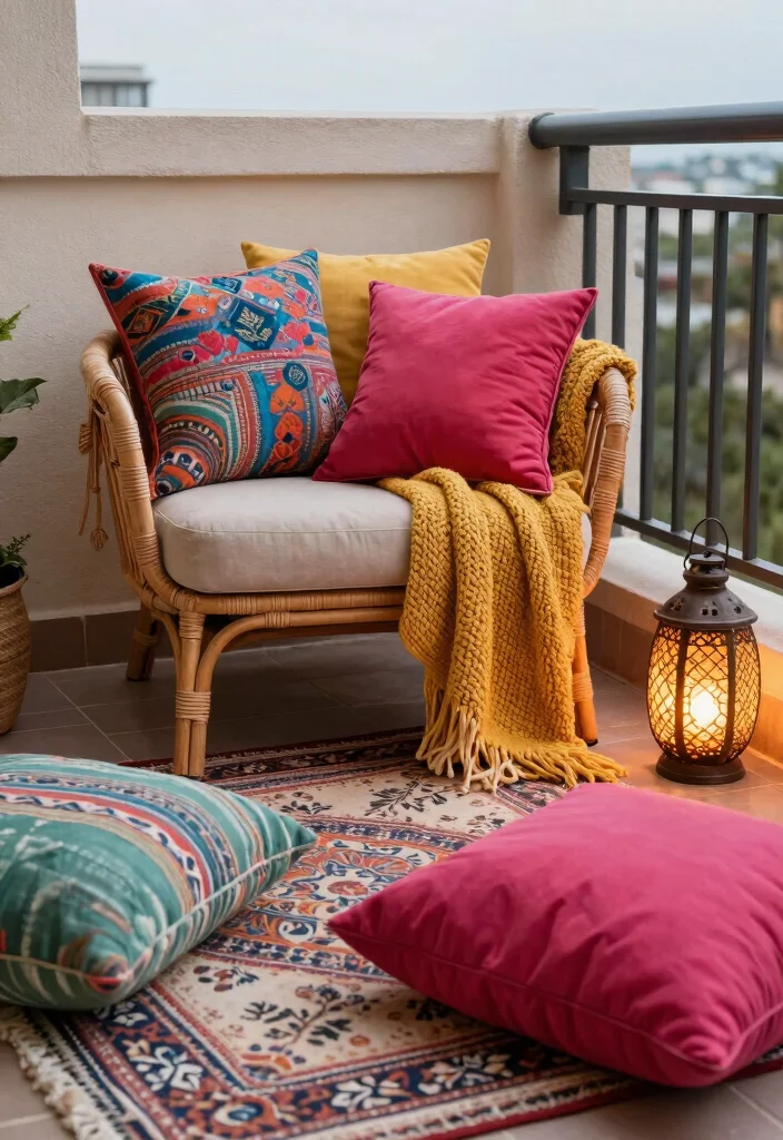12 Balcony Decor Ideas with Textiles Plants and Soft Lighting 1. Layered Textiles for Comfort 0