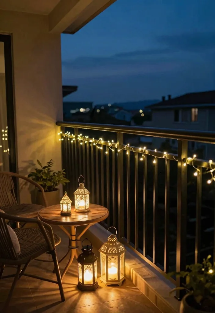 12 Balcony Decor Ideas with Textiles Plants and Soft Lighting 3. Soft Lighting for Ambiance 0