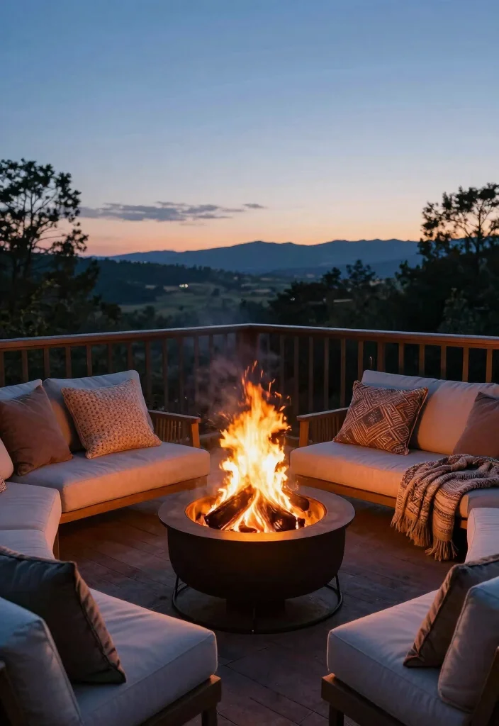 12 Balcony Decor Ideas with Textiles Plants and Soft Lighting 6. Cozy Fire Pit for Warmth 0