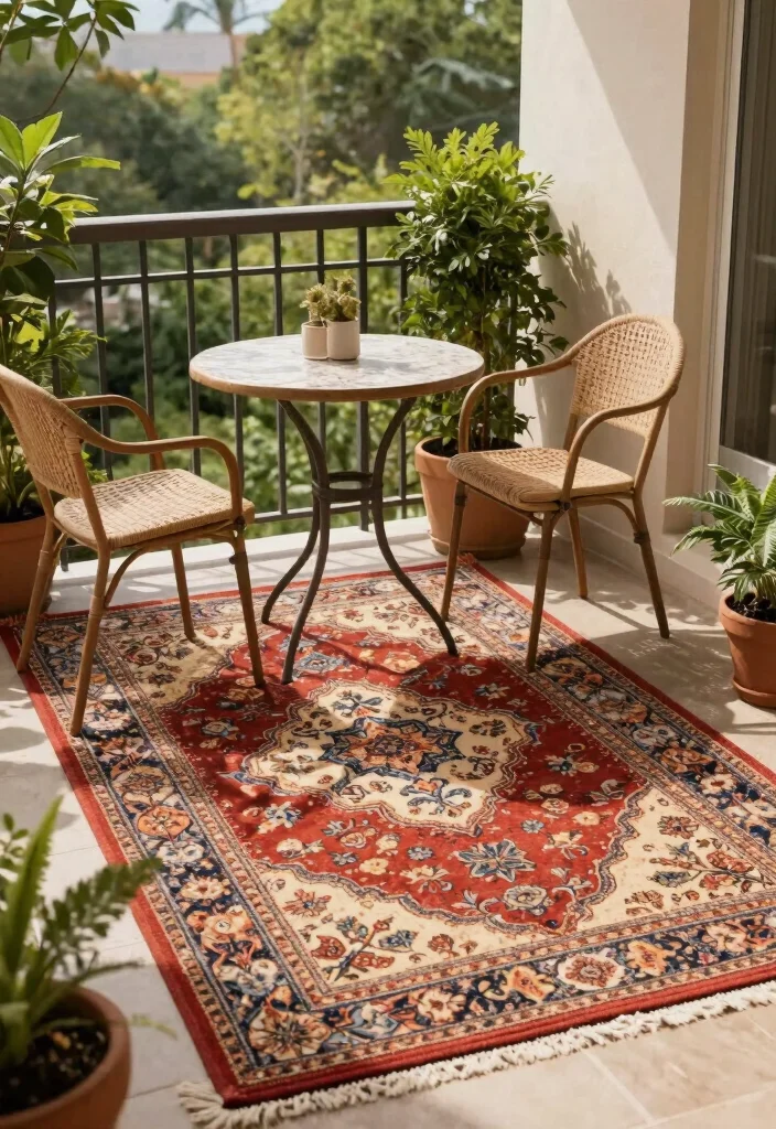 12 Balcony Decor Ideas with Textiles Plants and Soft Lighting 8. Outdoor Rugs for Texture 0