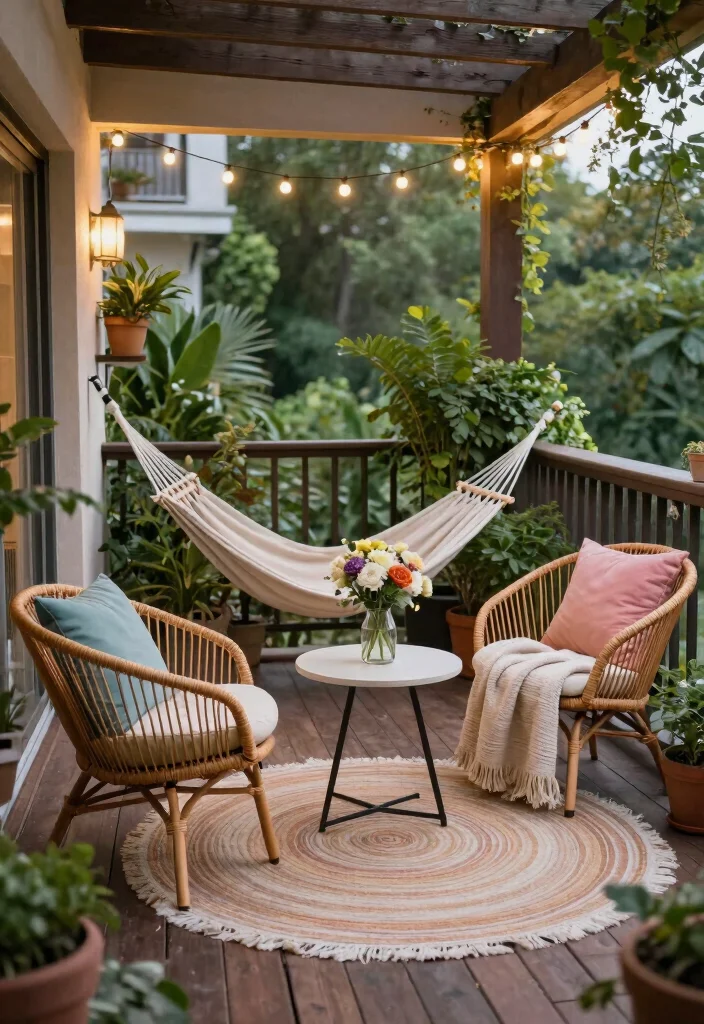 12 Balcony Design Ideas with Plants Lights and Relaxing Vibes 2. Cozy Outdoor Seating 0