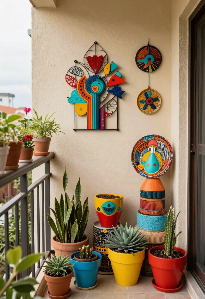 12 Balcony Design Ideas with Plants Lights and Relaxing Vibes 7. Artistic Decor Elements 0